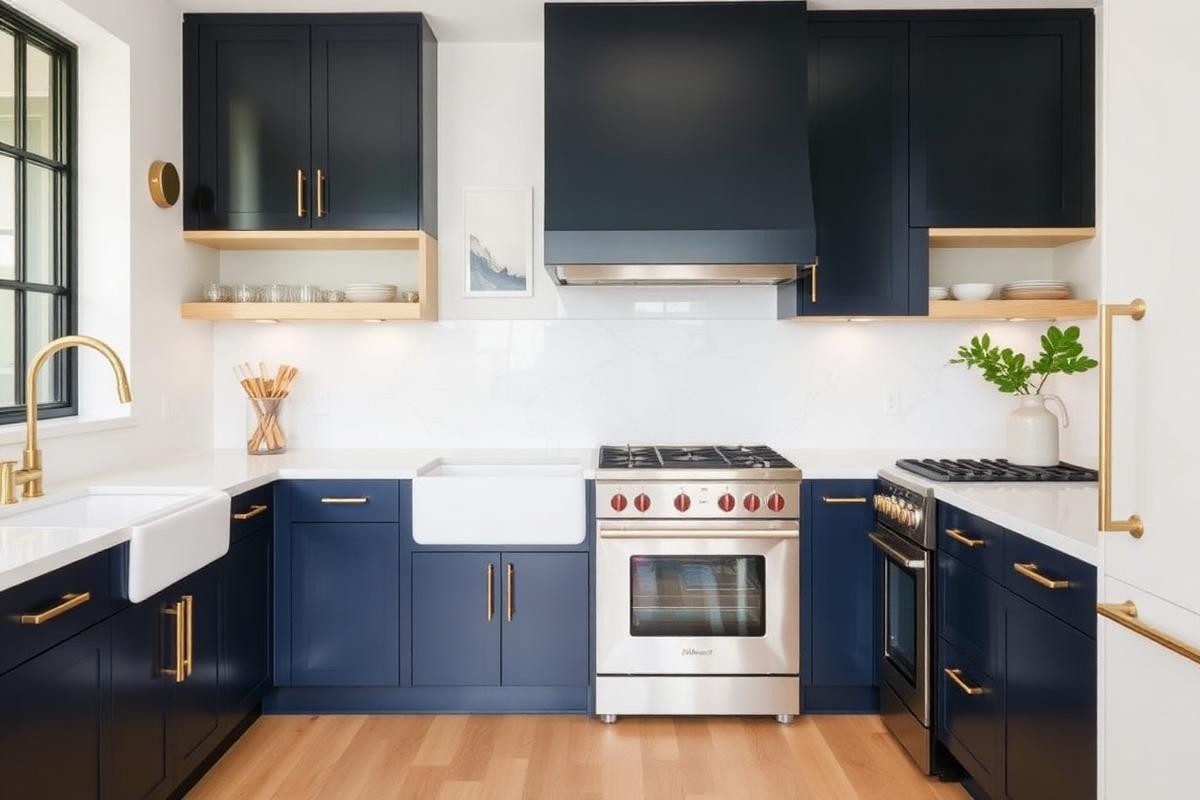 After — Dark cherry kitchen refaced to two-tone navy and white