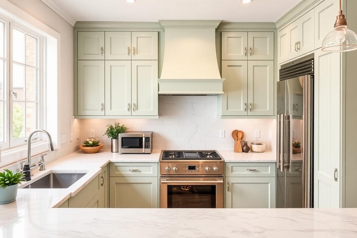 After — Yellow laminate kitchen refaced to sage shaker