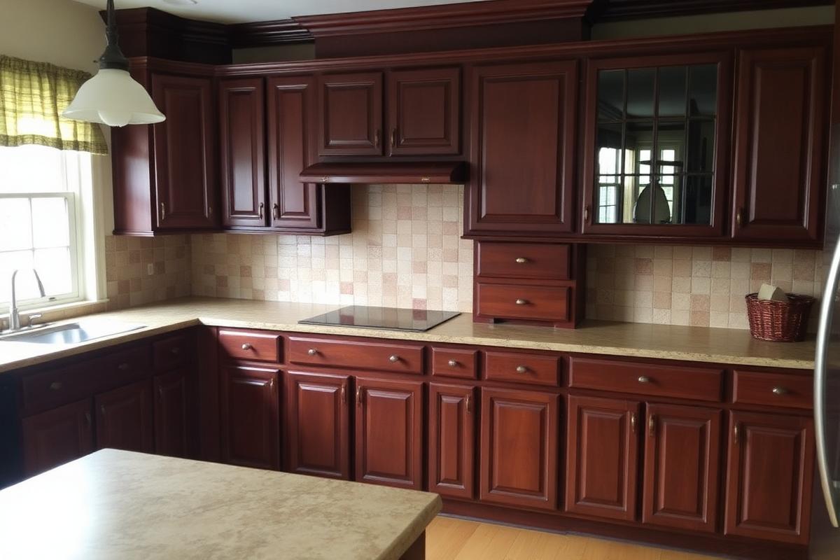 Before — Dark cherry kitchen refaced to two-tone navy and white