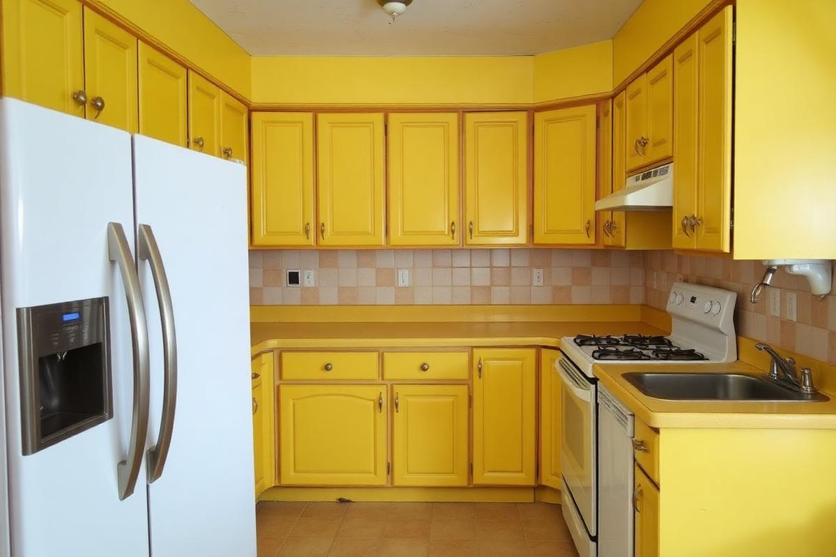 Before — Yellow laminate kitchen refaced to sage shaker